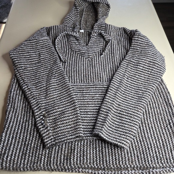 Baja Hoodie Mexico XL Brown White Striped Knit Poncho Pullover Kangaroo Pocket - Picture 2 of 9